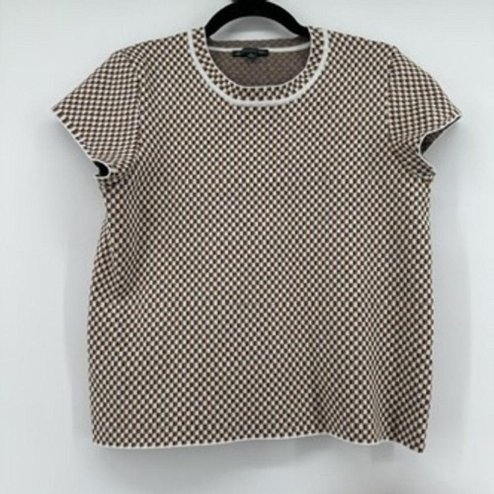 Adrianna Papell Brown White Checkered Knit Top Short‎ Sleeve Crew Neck Womens